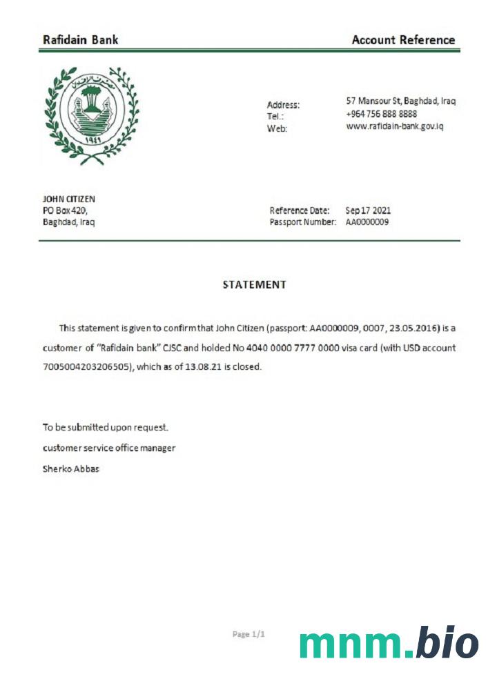 Przykład referencyjny zamknięcia Iraq Rafidain w formatach Word i PDF